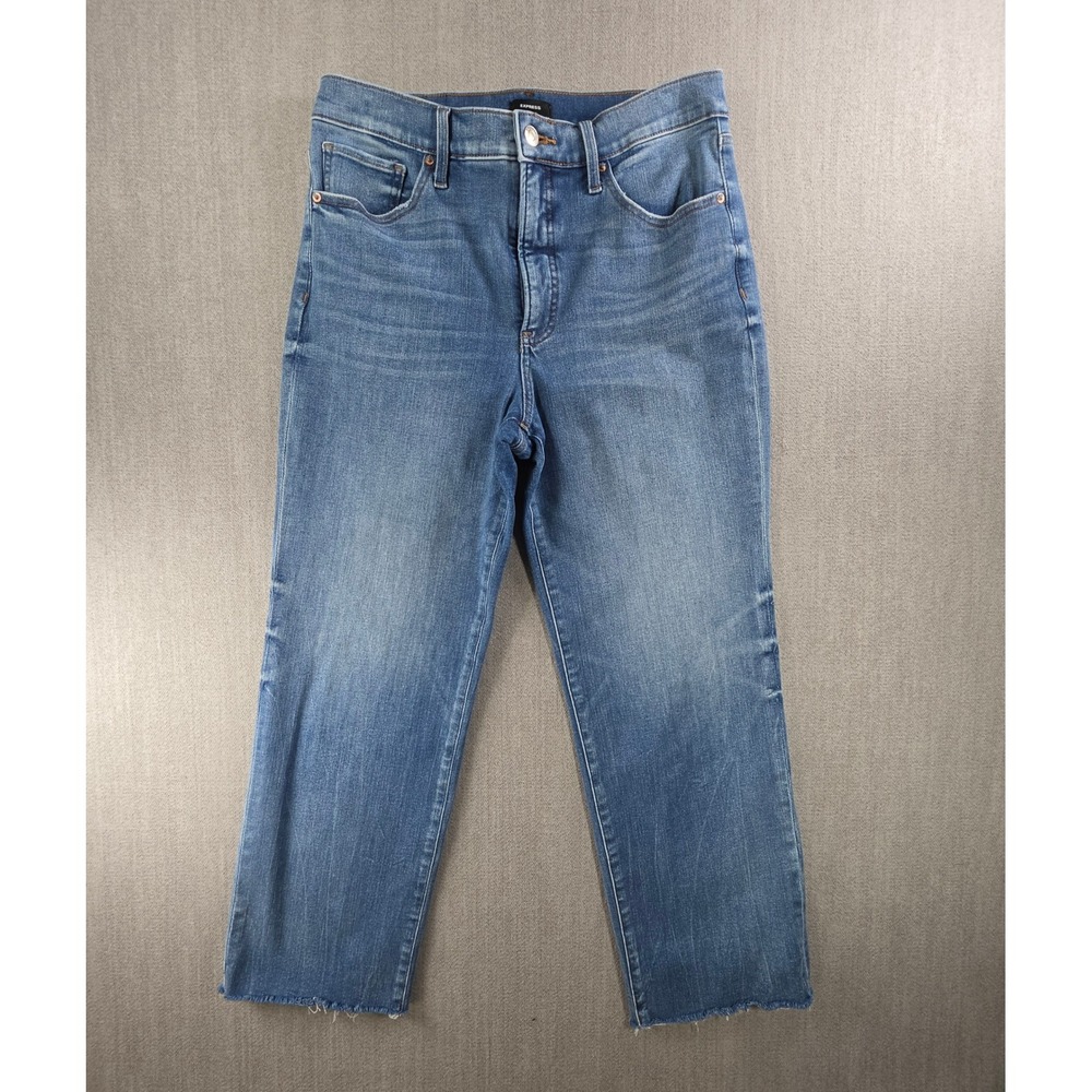 Express Jeans Women 10R Blue Straight Ankle High Rise Hyper Stretch Raw Hem